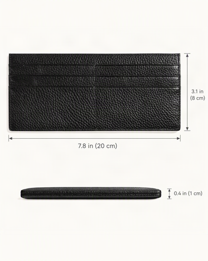 Cowhide Leather Slim Long Wallet with 6 Card Slots dimensions diagram, in inches and centimetres