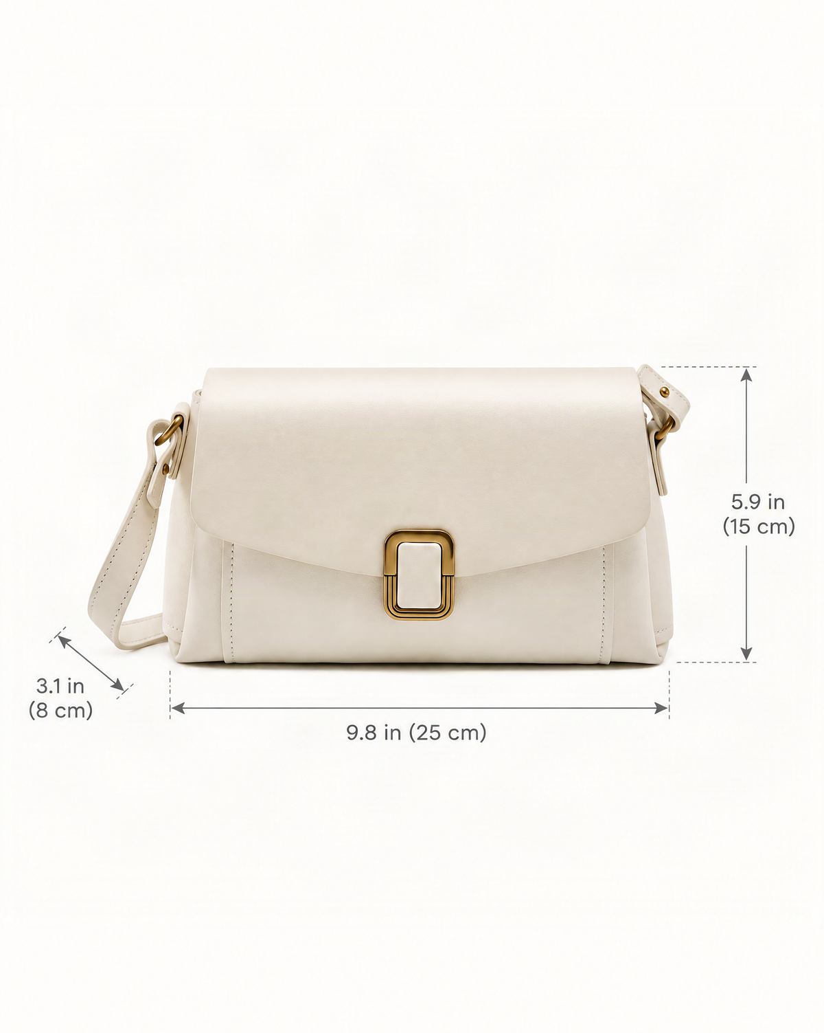 Cowhide Leather Small Crossbody Bag with Adjustable Strap dimensions diagram, in inches and centimetres