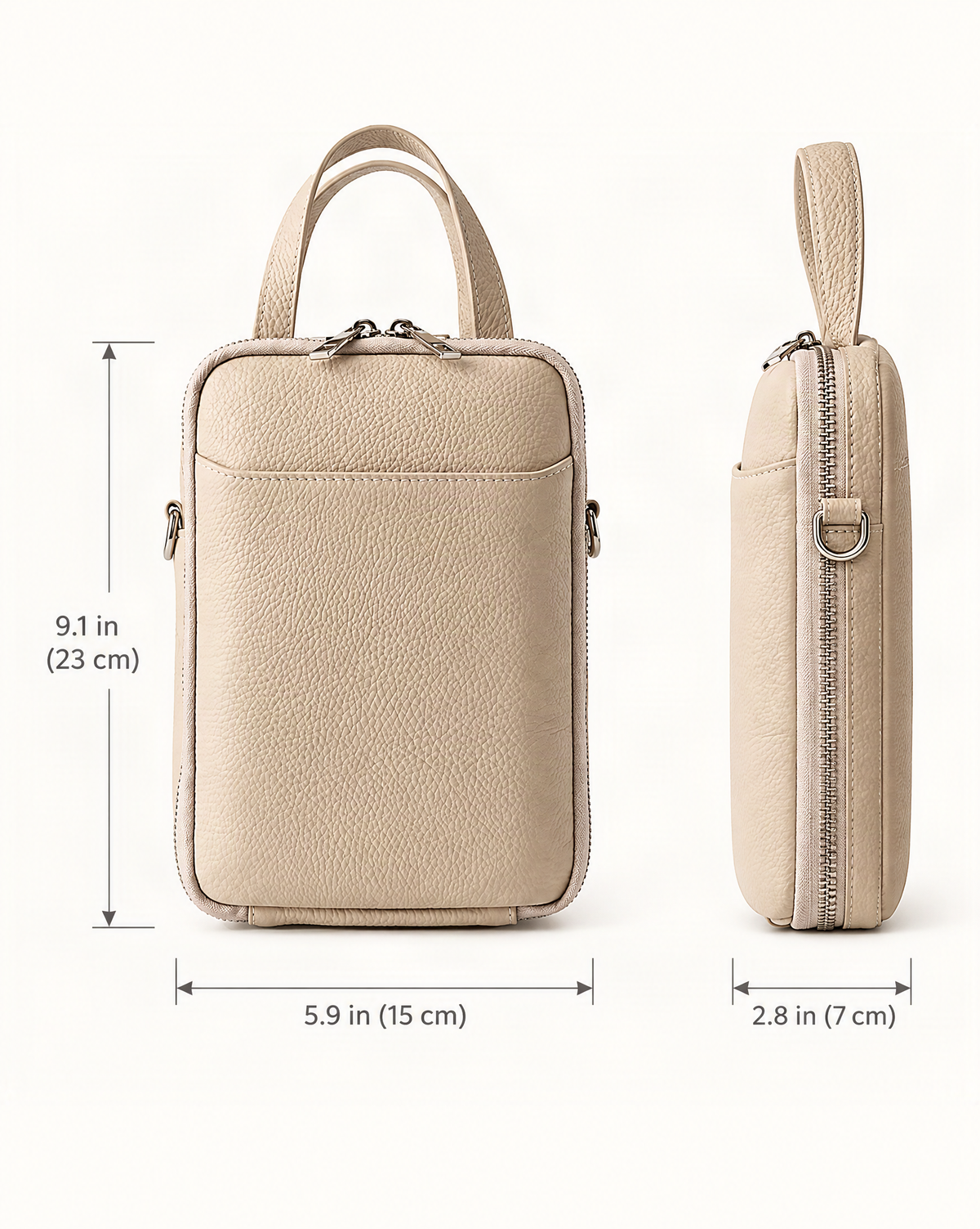 Cowhide Leather Vertical Phone Crossbody Bag – Color Options dimensions diagram, in inches and centimetres