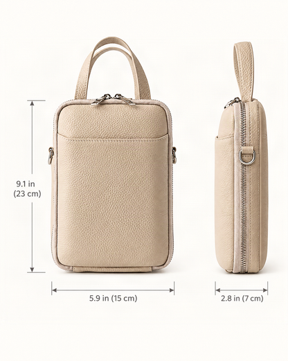 Cowhide Leather Vertical Phone Crossbody Bag – Color Options dimensions diagram, in inches and centimetres