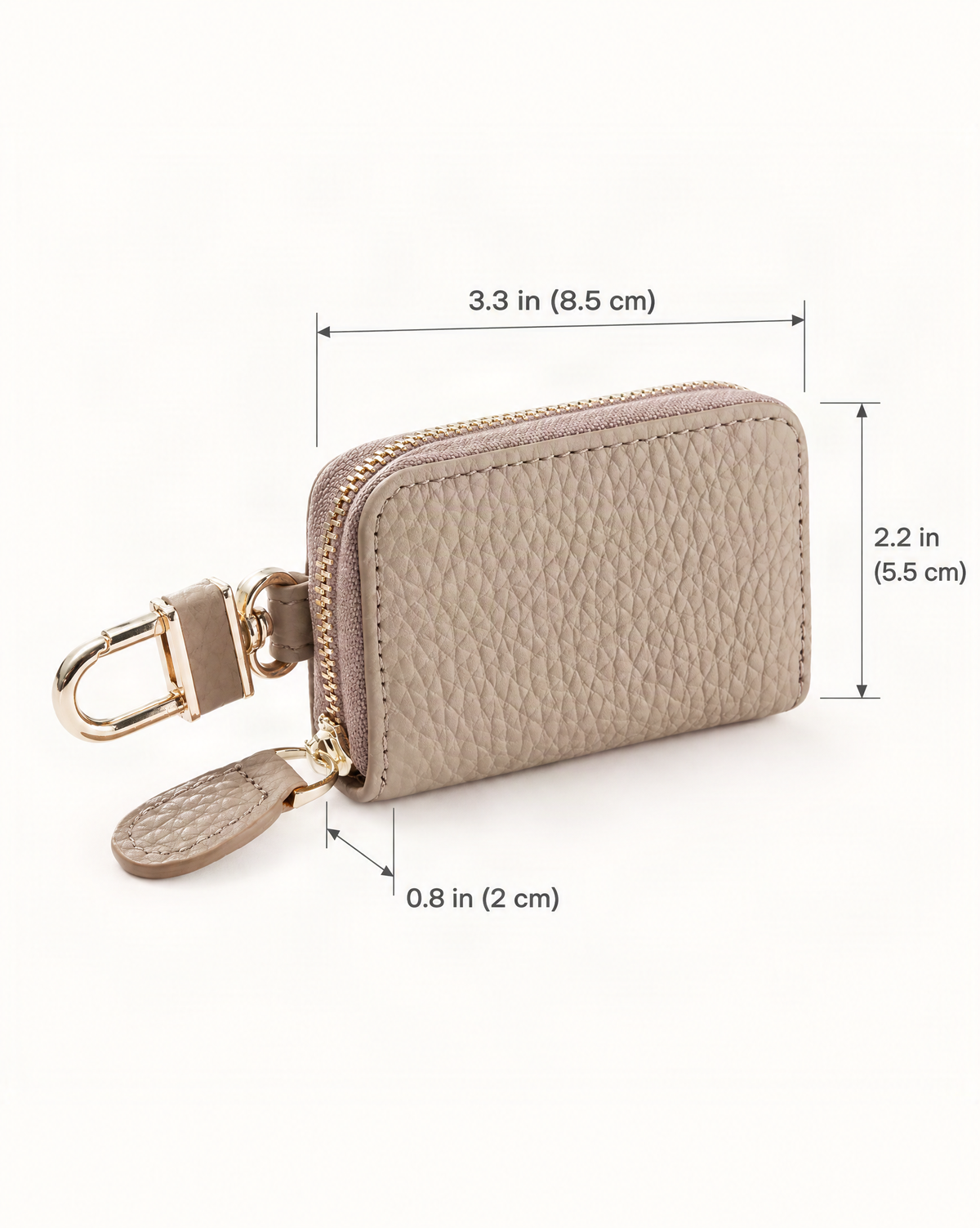 Genuine Leather Zip-Around Key Pouch with Carabiner Clip dimensions diagram, in inches and centimetres
