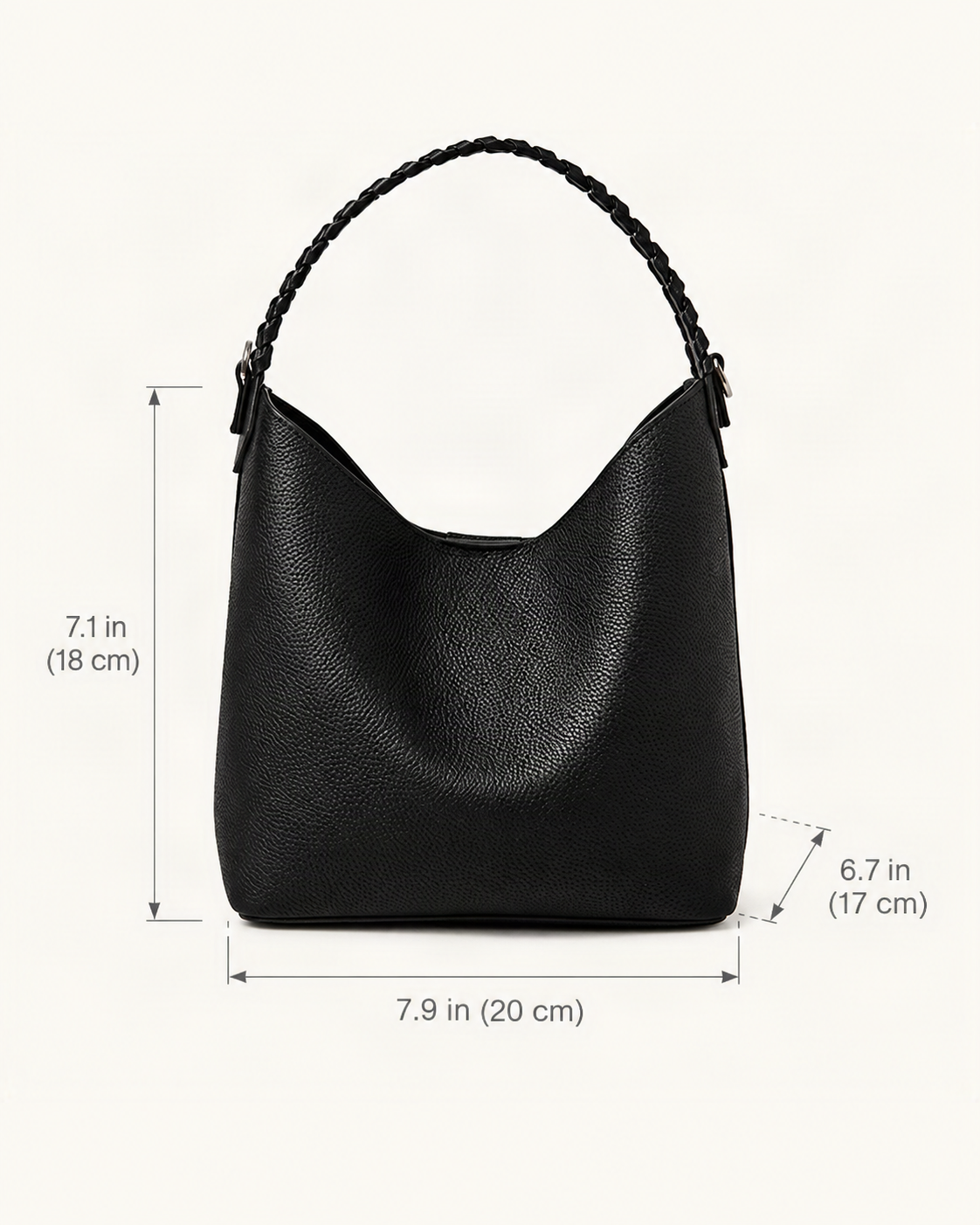Cowhide Leather Bucket Bag Braided Handle dimensions diagram, in inches and centimetres