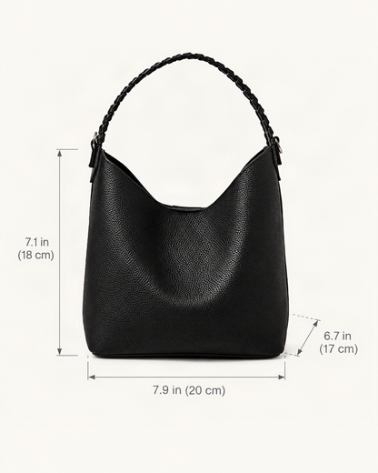 Cowhide Leather Bucket Bag Braided Handle dimensions diagram, in inches and centimetres