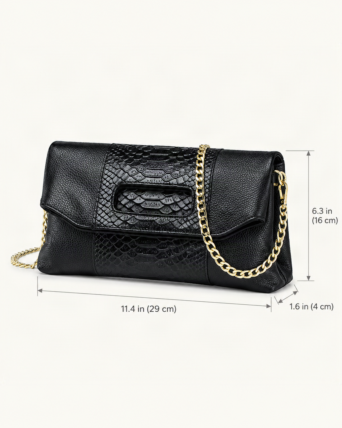 Top-Grain Cowhide Envelope Clutch dimensions diagram, in inches and centimetres