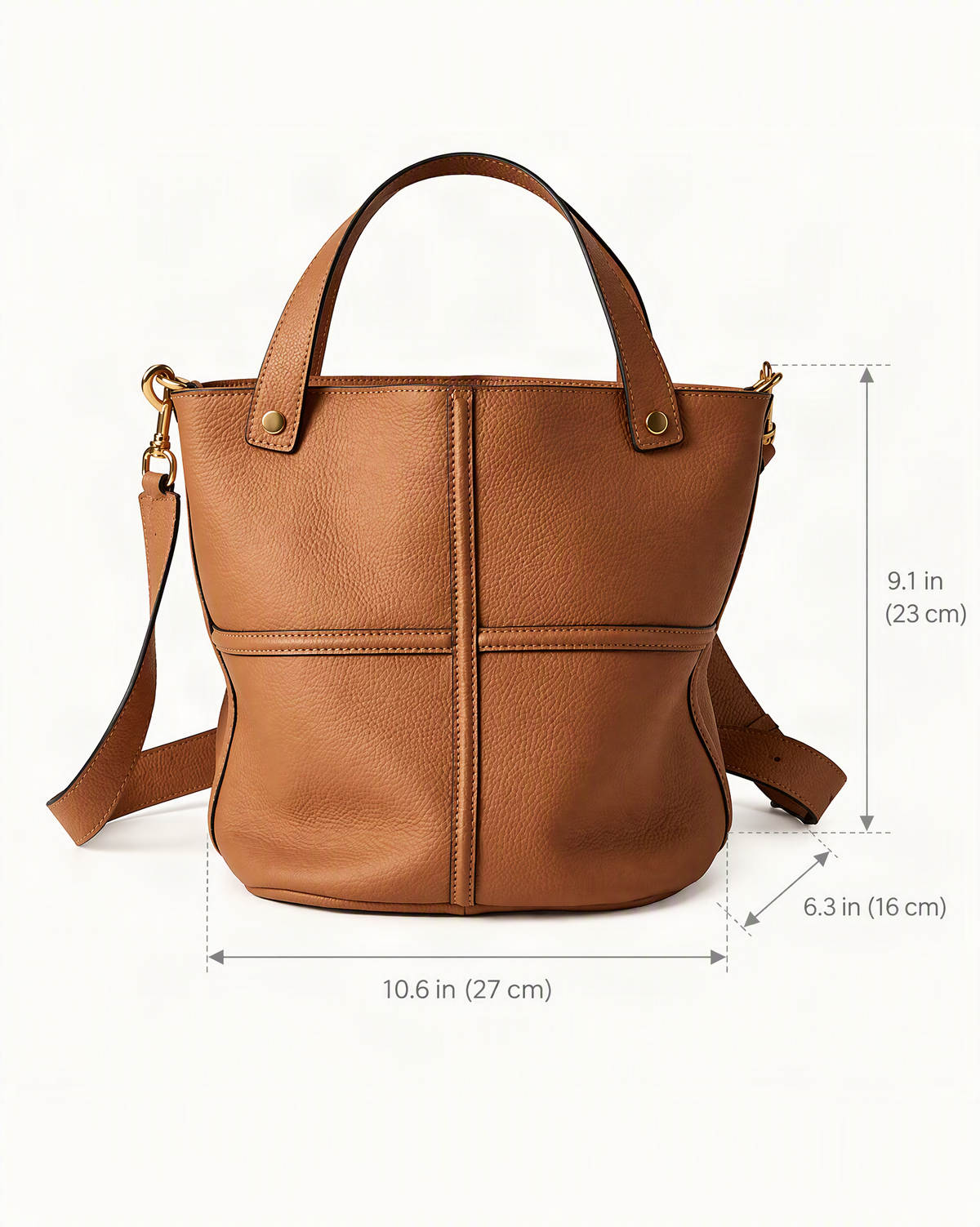 Top-Grain Cowhide Bucket Bag with Detachable Crossbody Strap dimensions diagram, in inches and centimetres