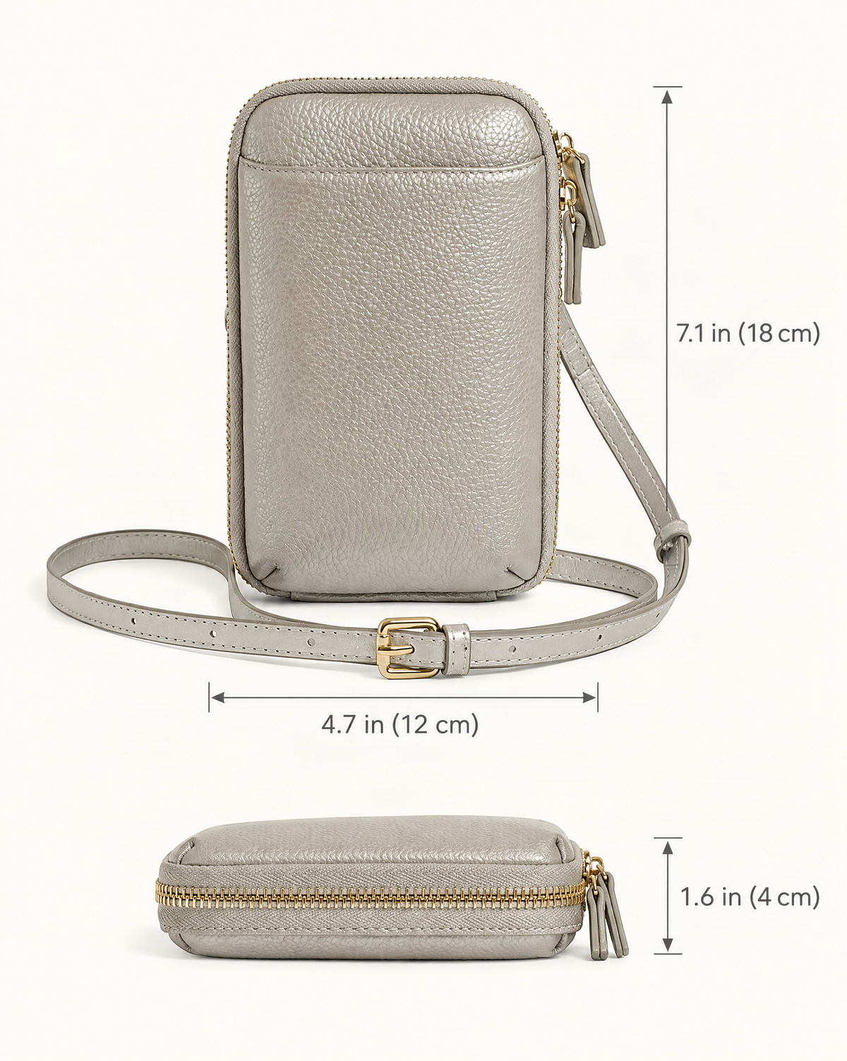 Cowhide Leather Phone Crossbody with Card Slots dimensions diagram, in inches and centimetres