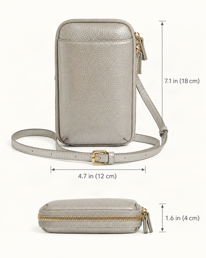 Cowhide Leather Phone Crossbody with Card Slots dimensions diagram, in inches and centimetres