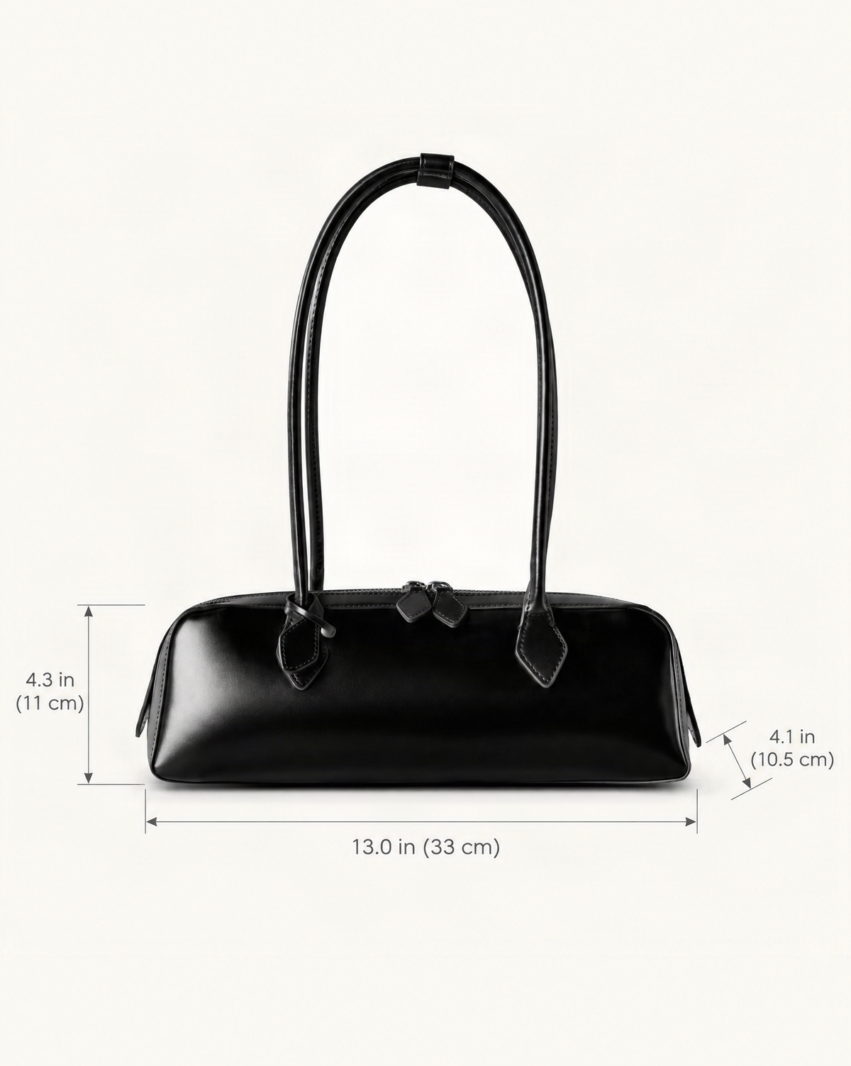 Cowhide Leather Small Plus Shoulder Baguette Bag dimensions diagram, in inches and centimetres