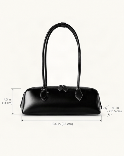 Cowhide Leather Small Plus Shoulder Baguette Bag dimensions diagram, in inches and centimetres