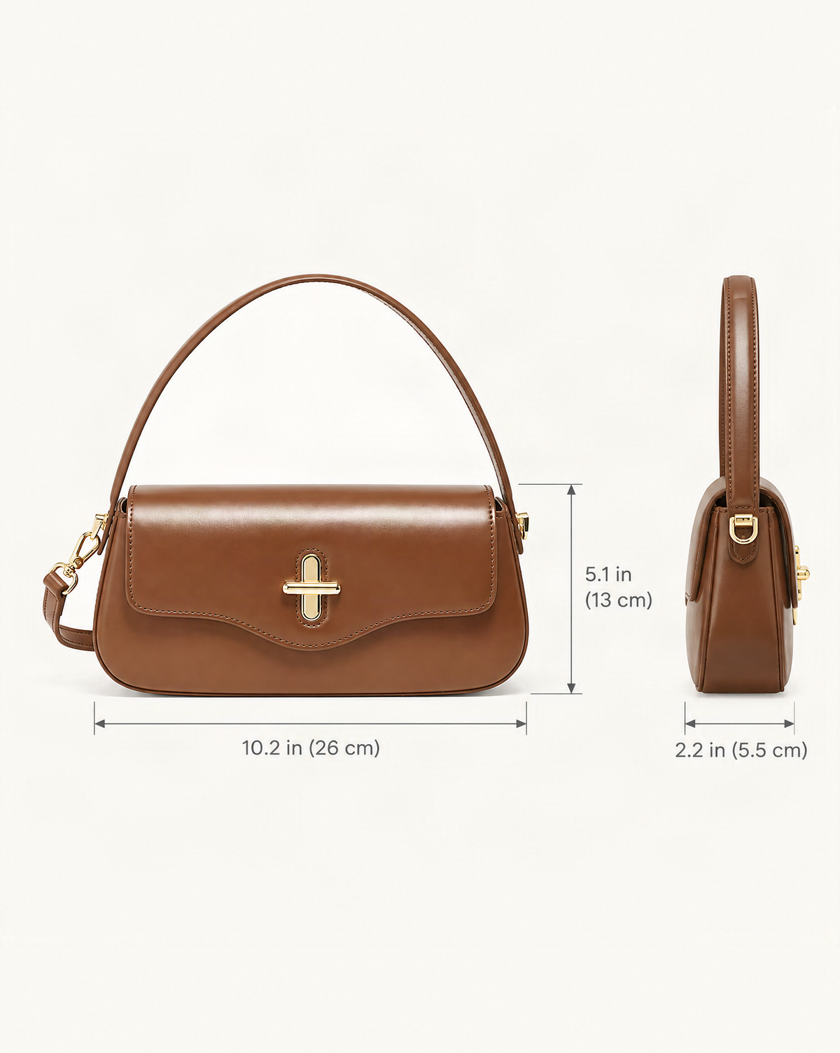 Cowhide Leather Baguette Crossbody Shoulder Top Handle dimensions diagram, in inches and centimetres