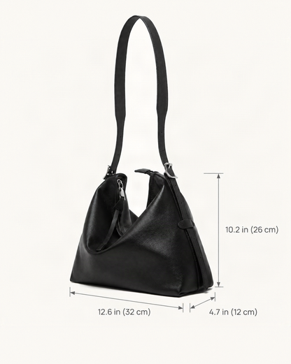 Leather Small Plus Shoulder Bag dimensions diagram, in inches and centimetres