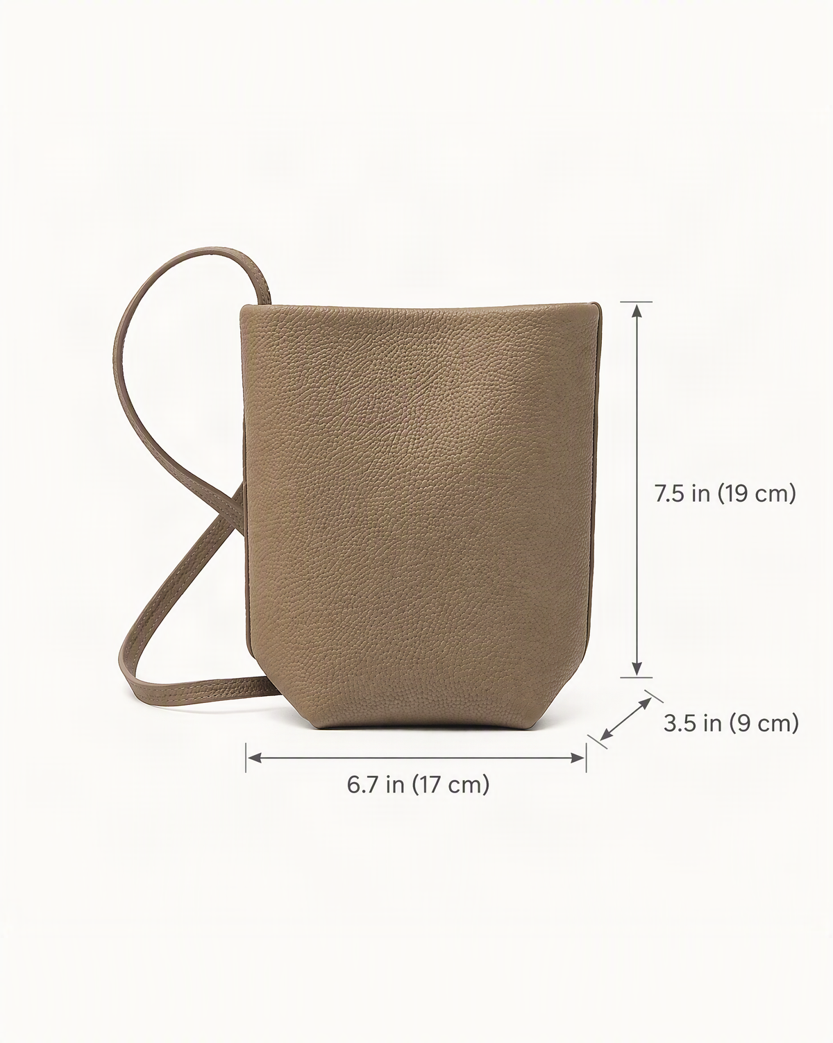 Top-Grain Cowhide Mini Bucket Crossbody Bag – Color Options dimensions diagram, in inches and centimetres
