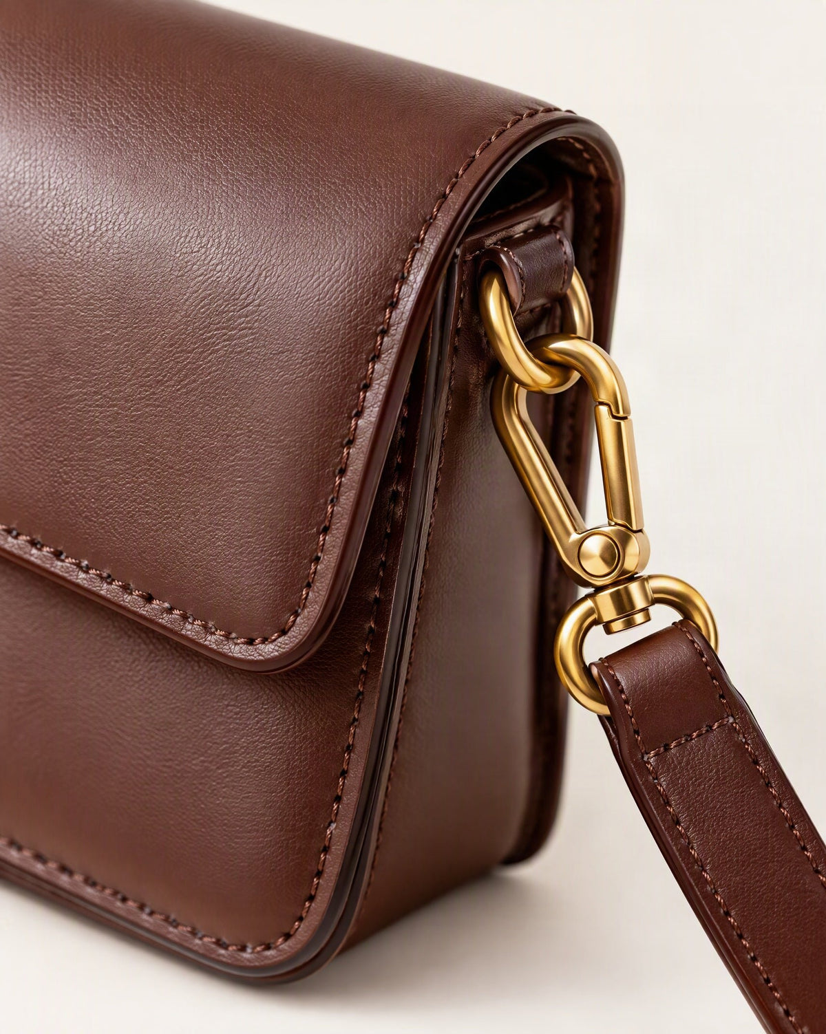 Cowhide Leather Small Shoulder Bag with Flap Closure hardware and smooth cowhide detail, close up