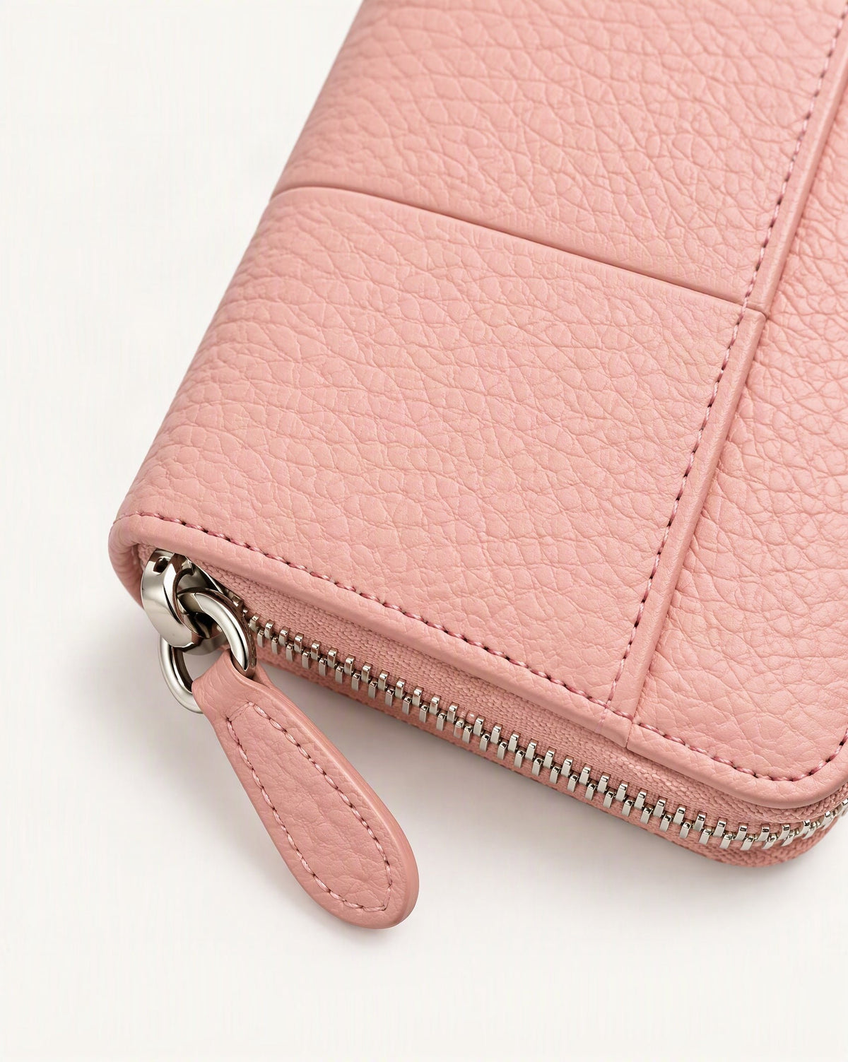 Leather Long Zip Clutch RFID Wallet hardware and pebbled cowhide detail, close up