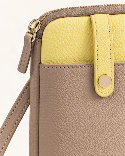 Cowhide Leather Micro Crossbody Phone Bag with Card Slots hardware and cowhide detail, close up
