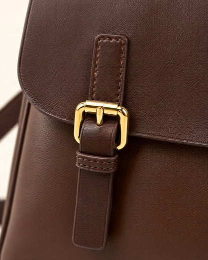 Cowhide Leather Backpack with Magnetic Flap hardware and cowhide detail, close up