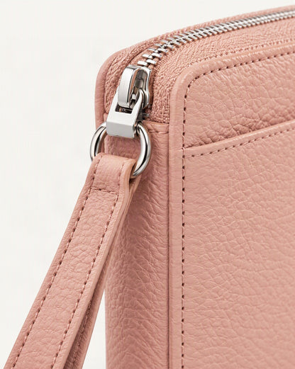 RFID-Blocking Pebbled Cowhide Long Zip Clutch hardware and pebbled cowhide detail, close up