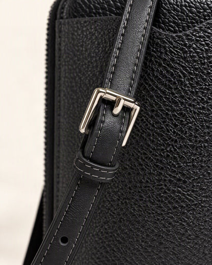 Cowhide Leather Vertical Phone Crossbody Bag hardware and cowhide detail, close up