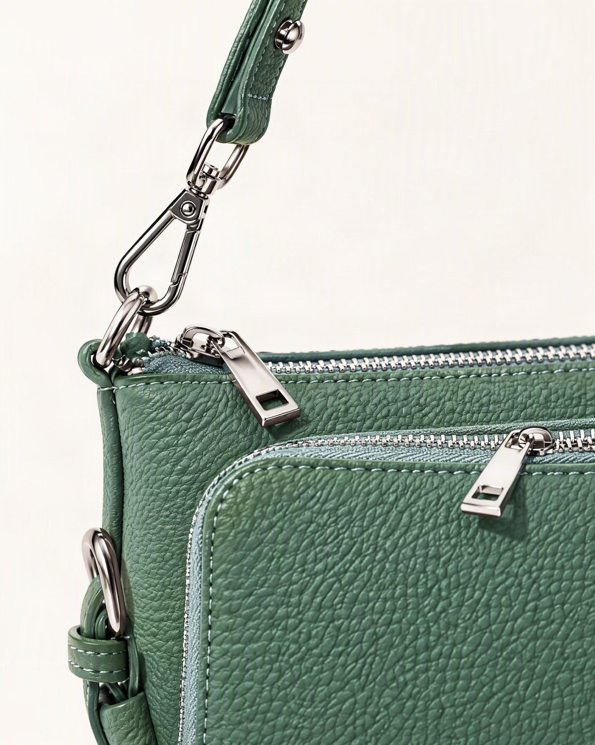 Top Grain Leather Crossbody Bag with 10 Card Slots hardware and cowhide detail, close up