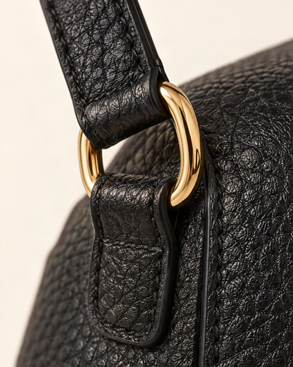 Cowhide Leather Micro Crossbody Phone Bag hardware and cowhide detail, close up
