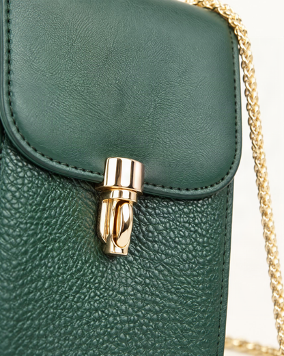 Cowhide Vertical Phone Crossbody Bag hardware and cowhide detail, close up