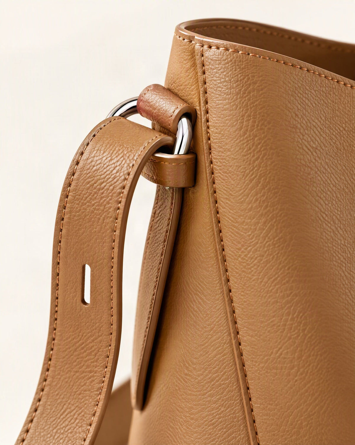 Genuine Leather Bucket Bag - Small Capacity Crossbody hardware and cowhide detail, close up