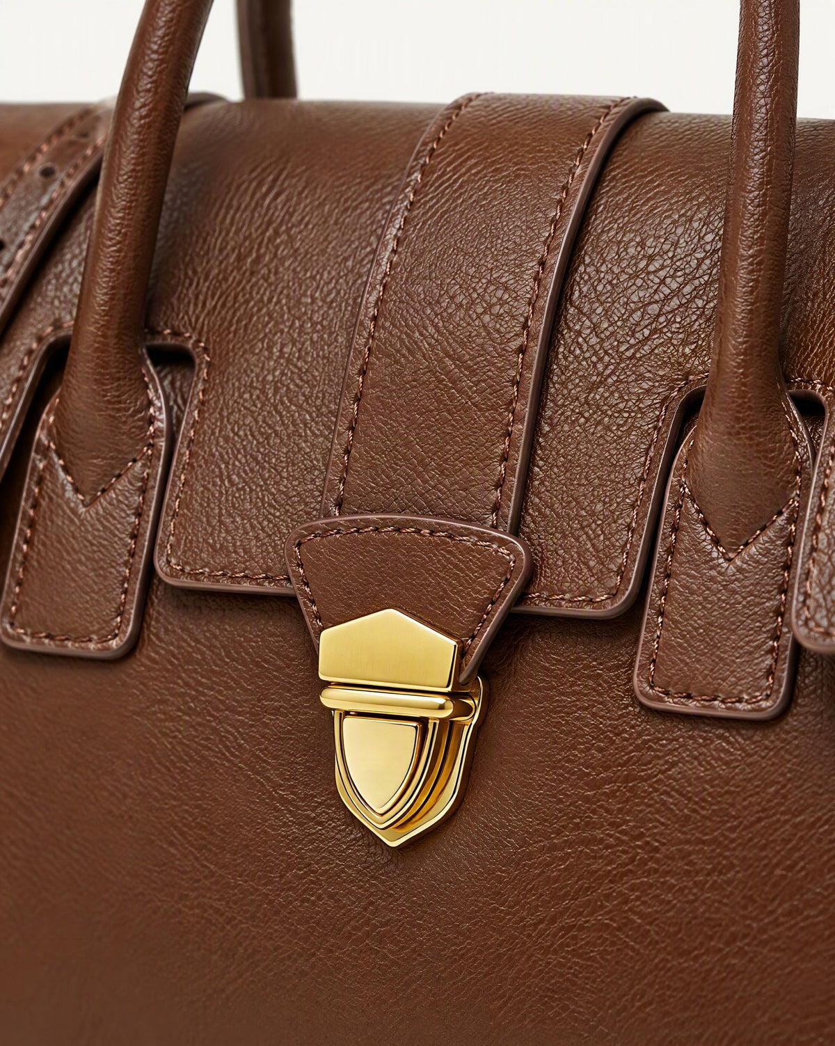 Top-Grain Cowhide Small Plus Satchel Bag hardware and cowhide detail, close up