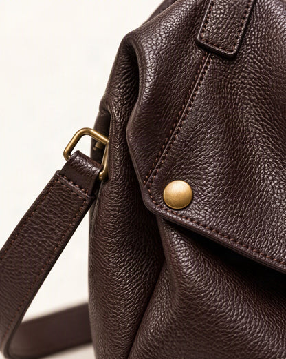 Cowhide Leather Tote Shoulder Bag with Detachable Strap hardware and cowhide detail, close up