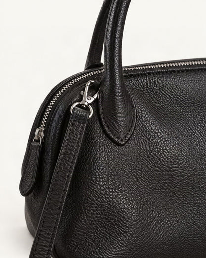 Cowhide Leather Small Bowling Tote Bag, Pebbled hardware and pebbled cowhide detail, close up