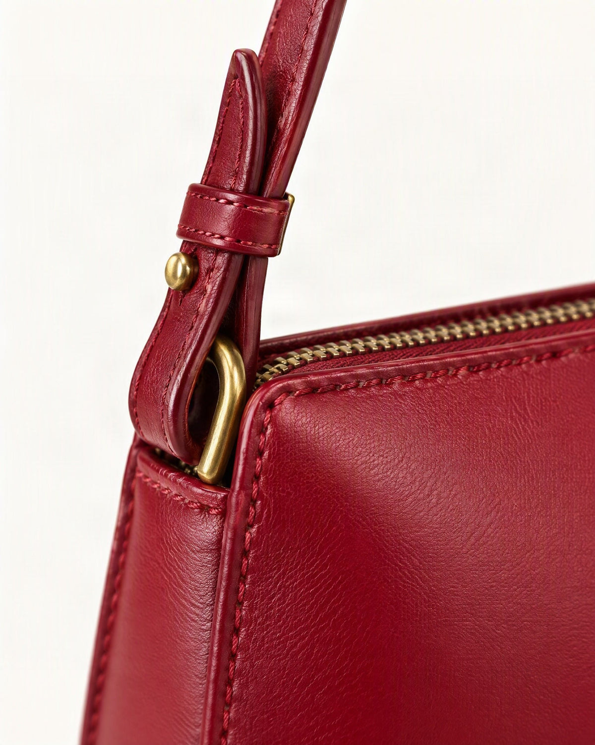 Cowhide Leather Underarm Bag with Detachable Strap hardware and cowhide detail, close up