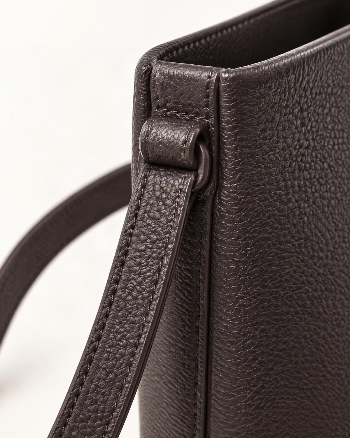 Top-Grain Cowhide Mini Bucket Crossbody Bag – Color Options hardware and cowhide detail, close up