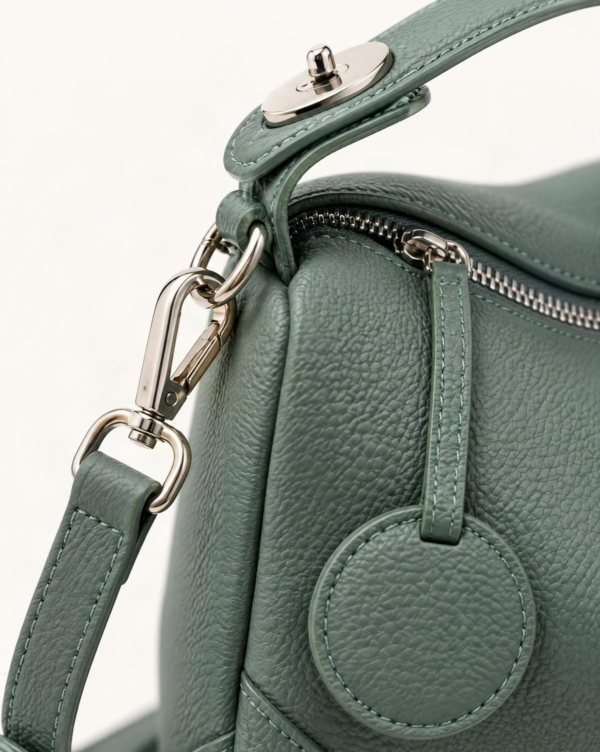 Cowhide Mini Boston Bag Shoulder hardware and cowhide detail, close up
