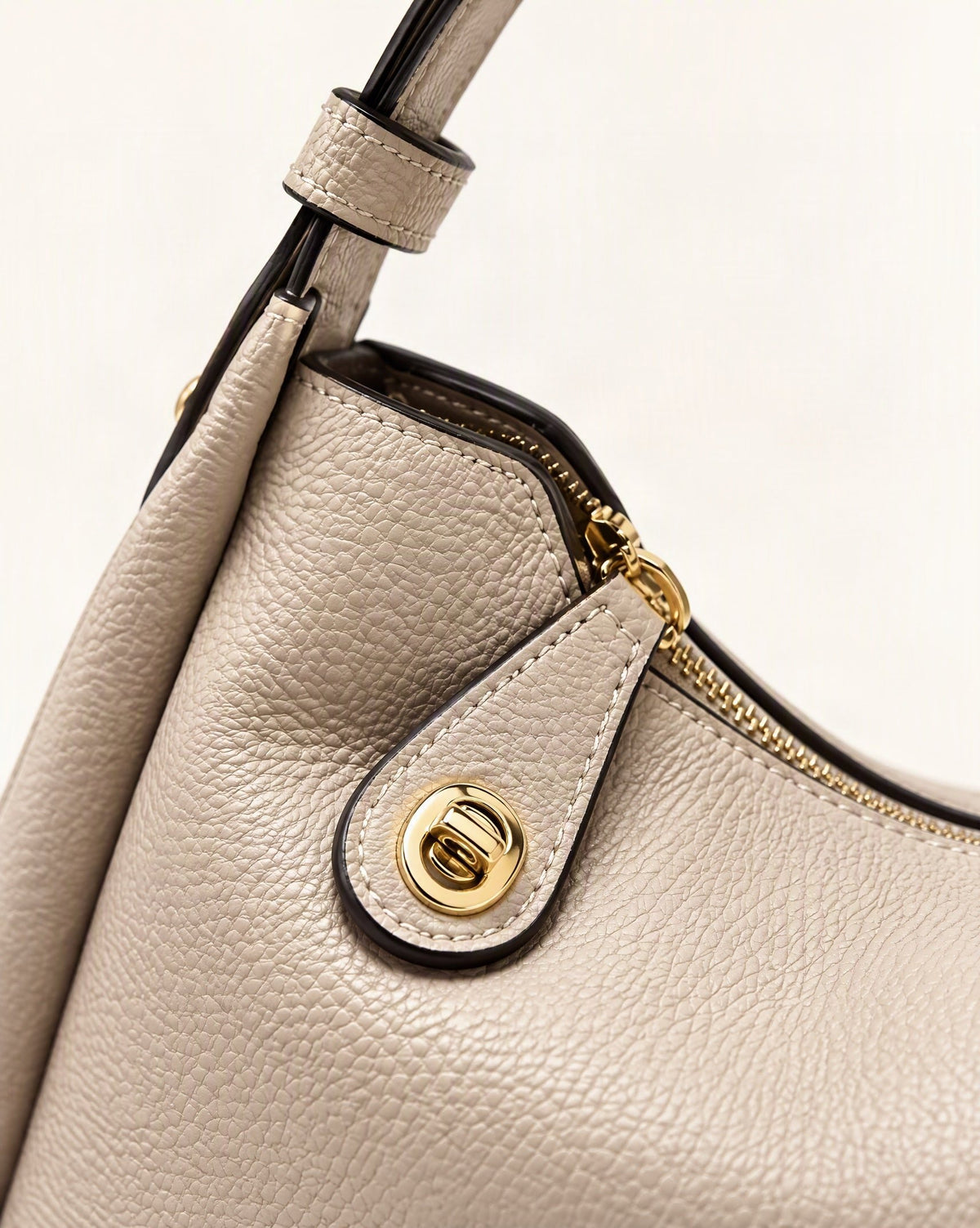 Cowhide Leather Small Plus Shoulder Bag hardware and pebbled cowhide detail, close up