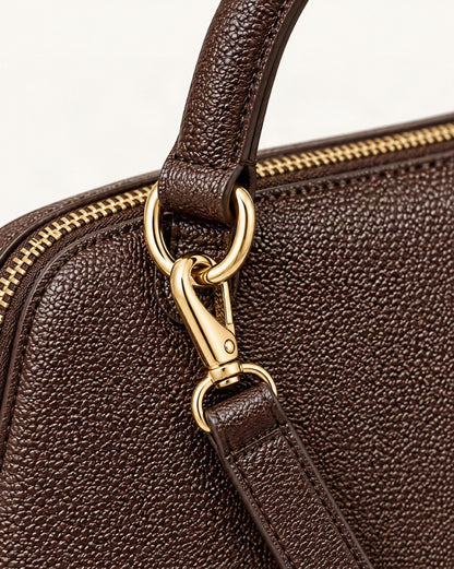 Cowhide Leather Small Boston Bag Top Handle Crossbody hardware and smooth cowhide detail, close up