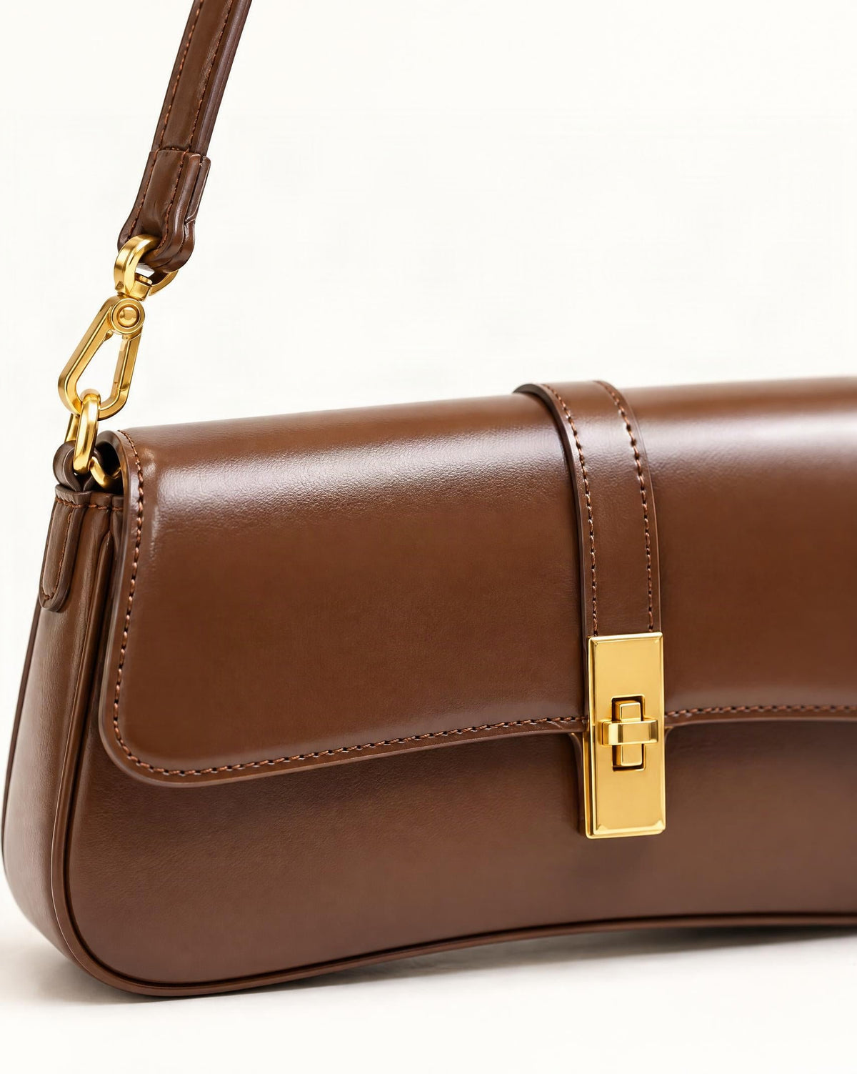 Cowhide Leather Small Shoulder Bag with Turn-Lock Closure hardware and cowhide detail, close up