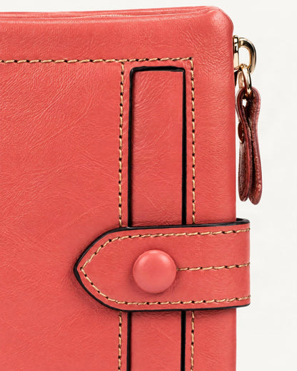 Cowhide Leather Short Wallet 12 Card Slots Zip Coin hardware and cowhide detail, close up
