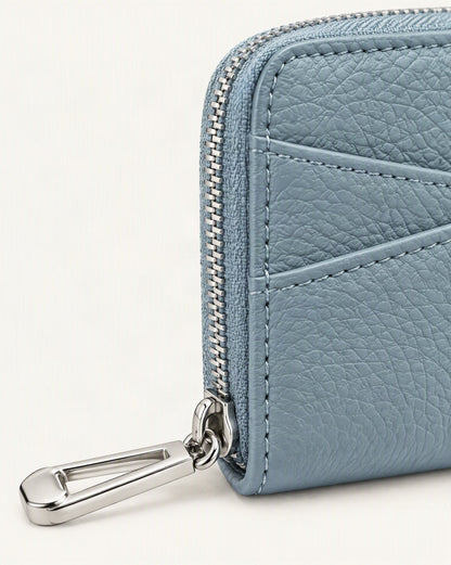 Genuine Leather Coin Purse with RFID Blocking Card Slots hardware and cowhide detail, close up