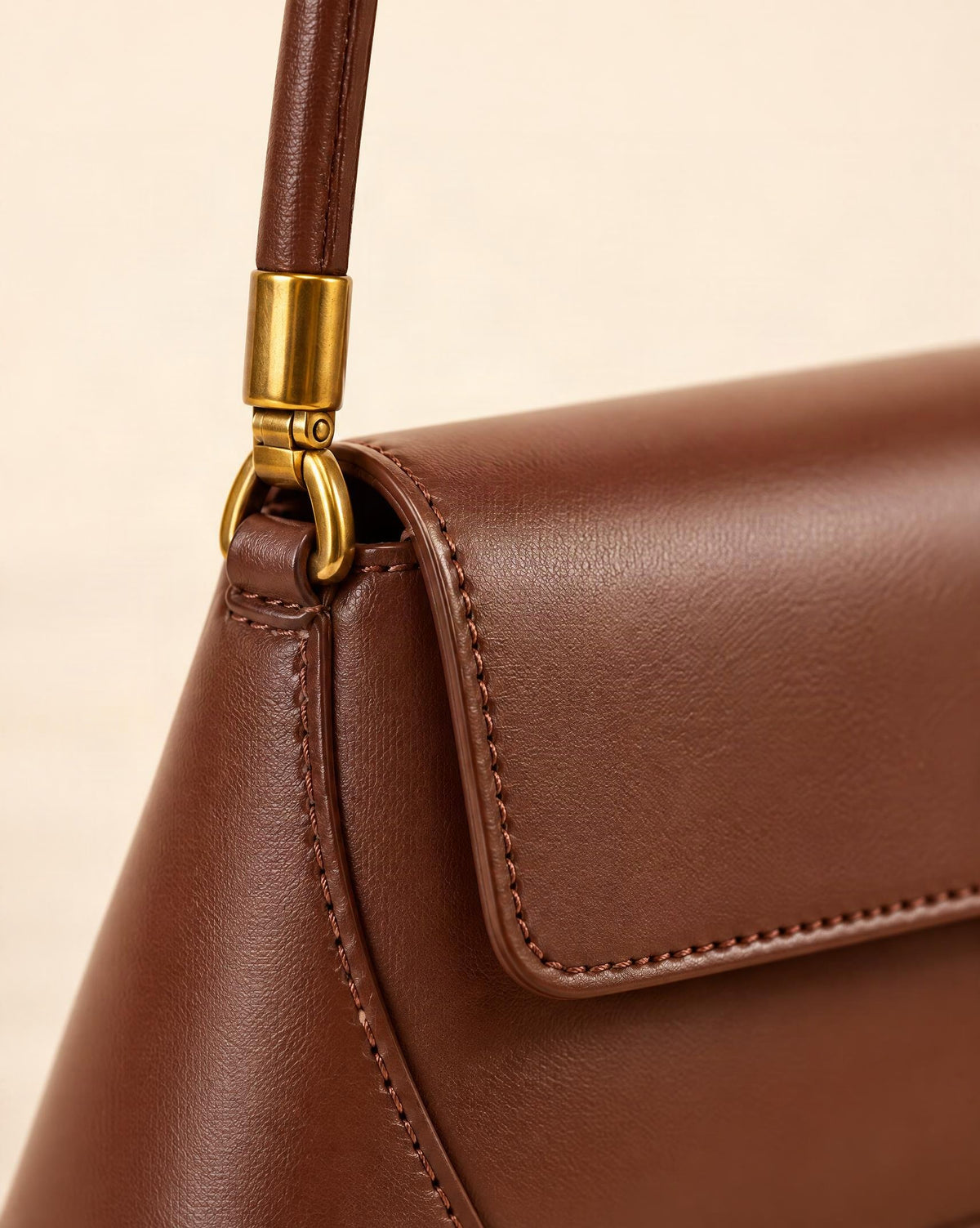 Cowhide Leather Baguette Shoulder Bag hardware and smooth cowhide detail, close up
