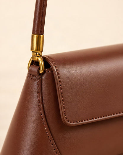 Cowhide Leather Baguette Shoulder Bag hardware and smooth cowhide detail, close up