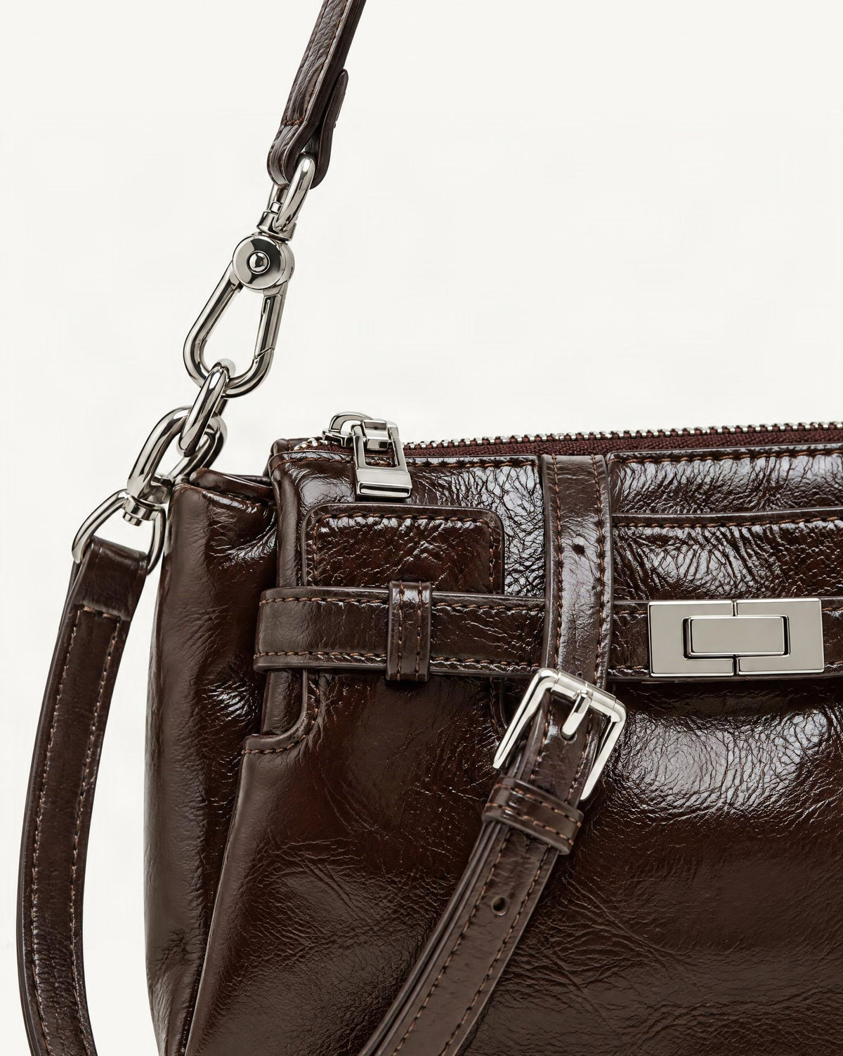 Top-Grain Waxed Leather Shoulder Bag with Adjustable Strap hardware and cowhide detail, close up