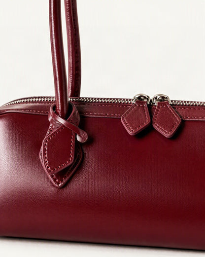 Cowhide Leather Small Plus Shoulder Baguette Bag hardware and smooth cowhide detail, close up