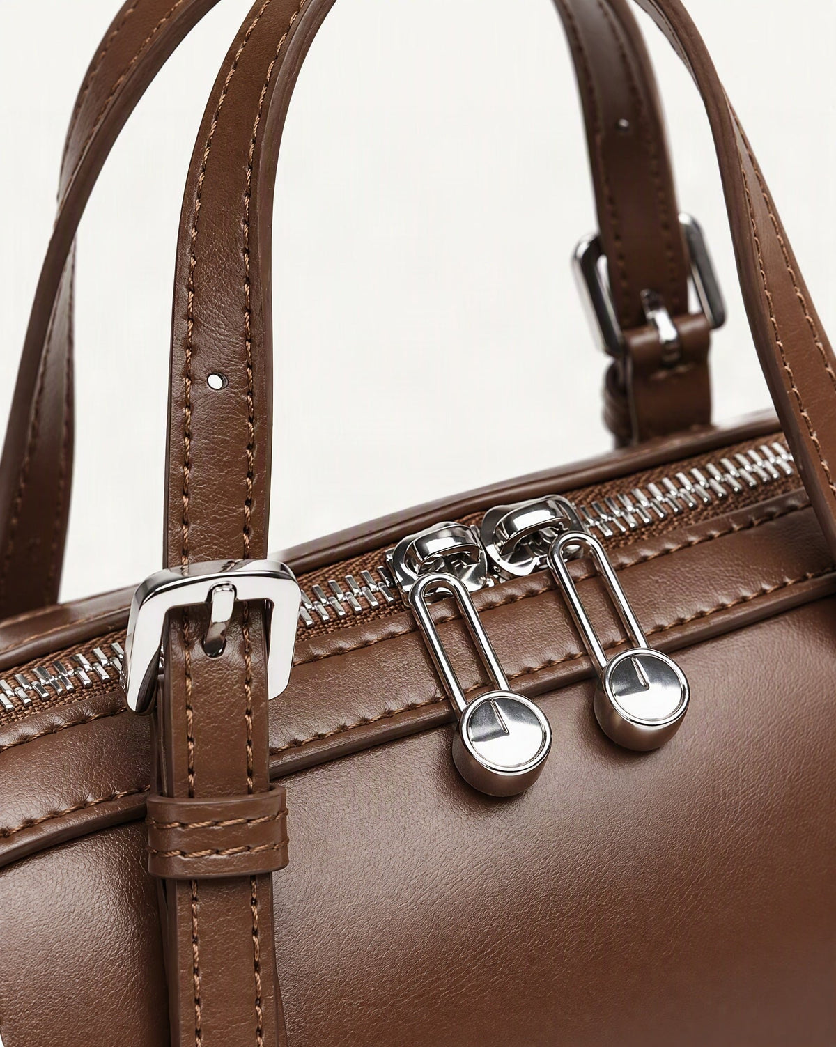 Cowhide Leather Mini Boston Bowling Bag hardware and smooth cowhide detail, close up