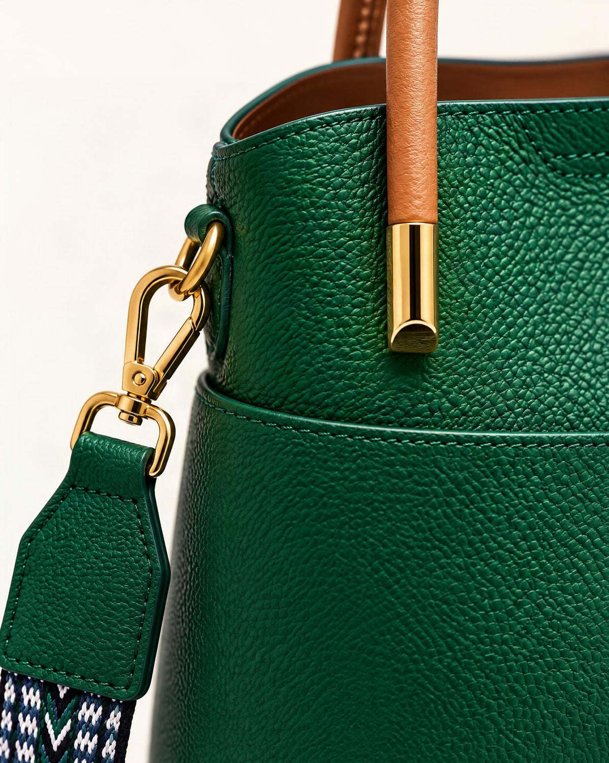 Cowhide Leather Bucket Bag with Woven Strap hardware and cowhide detail, close up