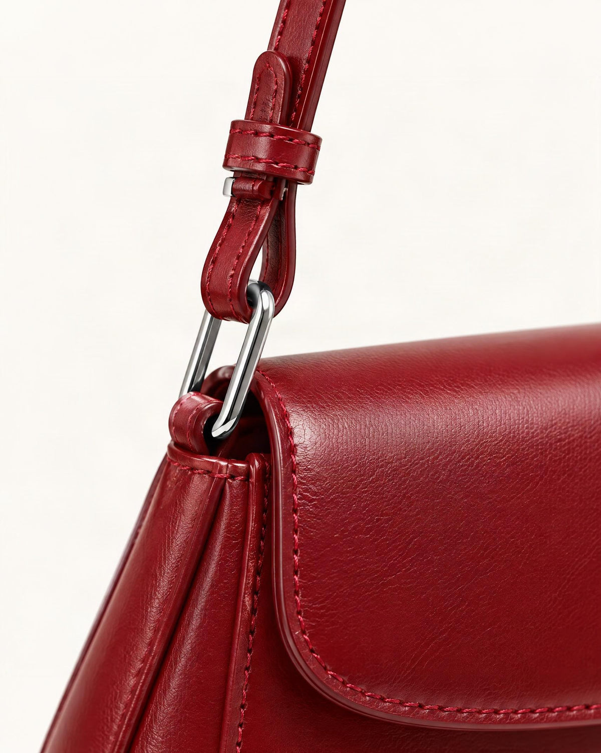 Genuine Cowhide Leather Baguette Shoulder Bag hardware and cowhide detail, close up