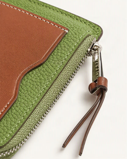 Cowhide Mini Card Holder Wallet w Zip Coin Pocket hardware and cowhide detail, close up