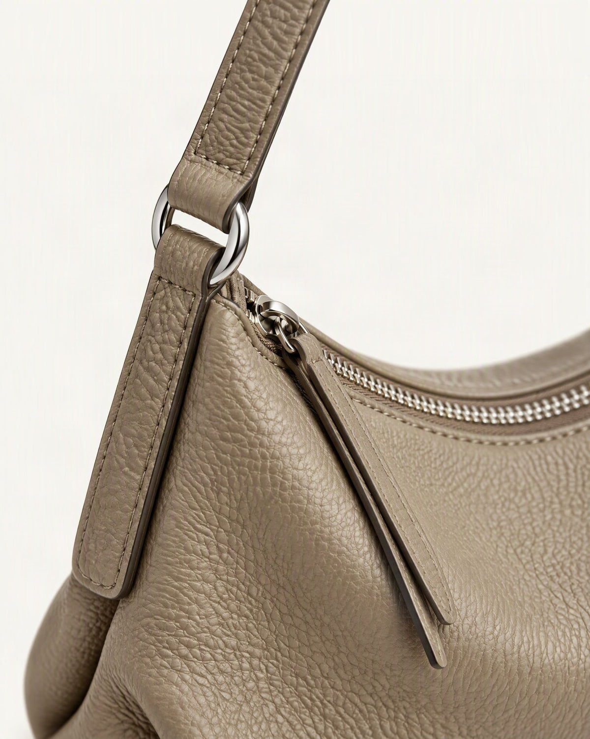 Top-Grain Cowhide Leather Hobo Bag hardware and pebbled cowhide detail, close up