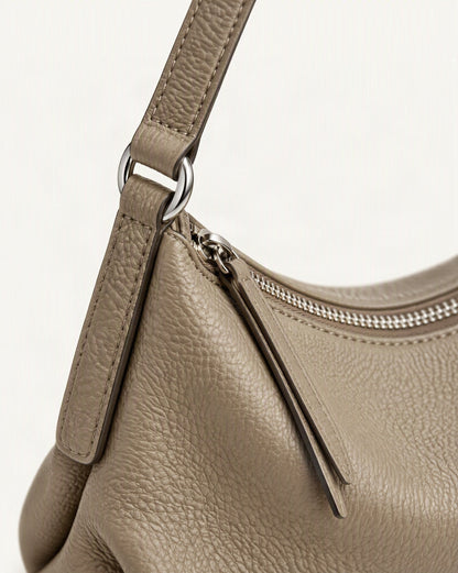 Top-Grain Cowhide Leather Hobo Bag hardware and pebbled cowhide detail, close up