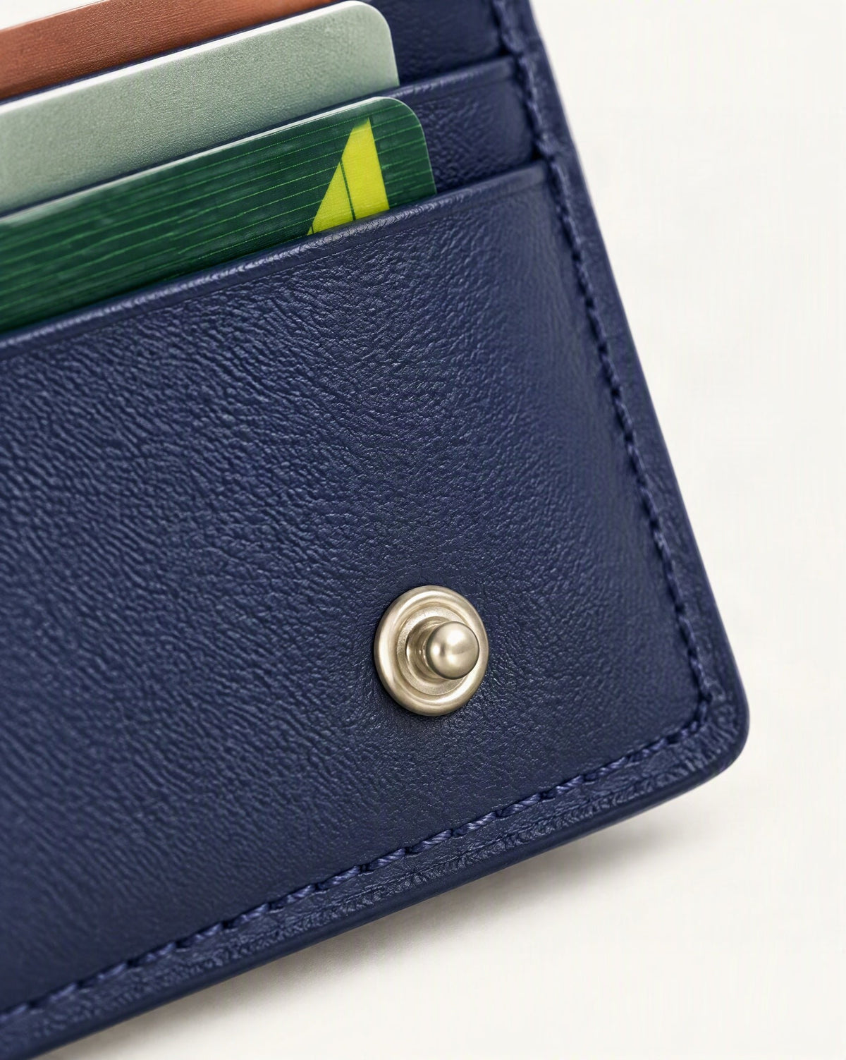 Genuine Leather RFID-Blocking Card Holder Wallet hardware and cowhide detail, close up
