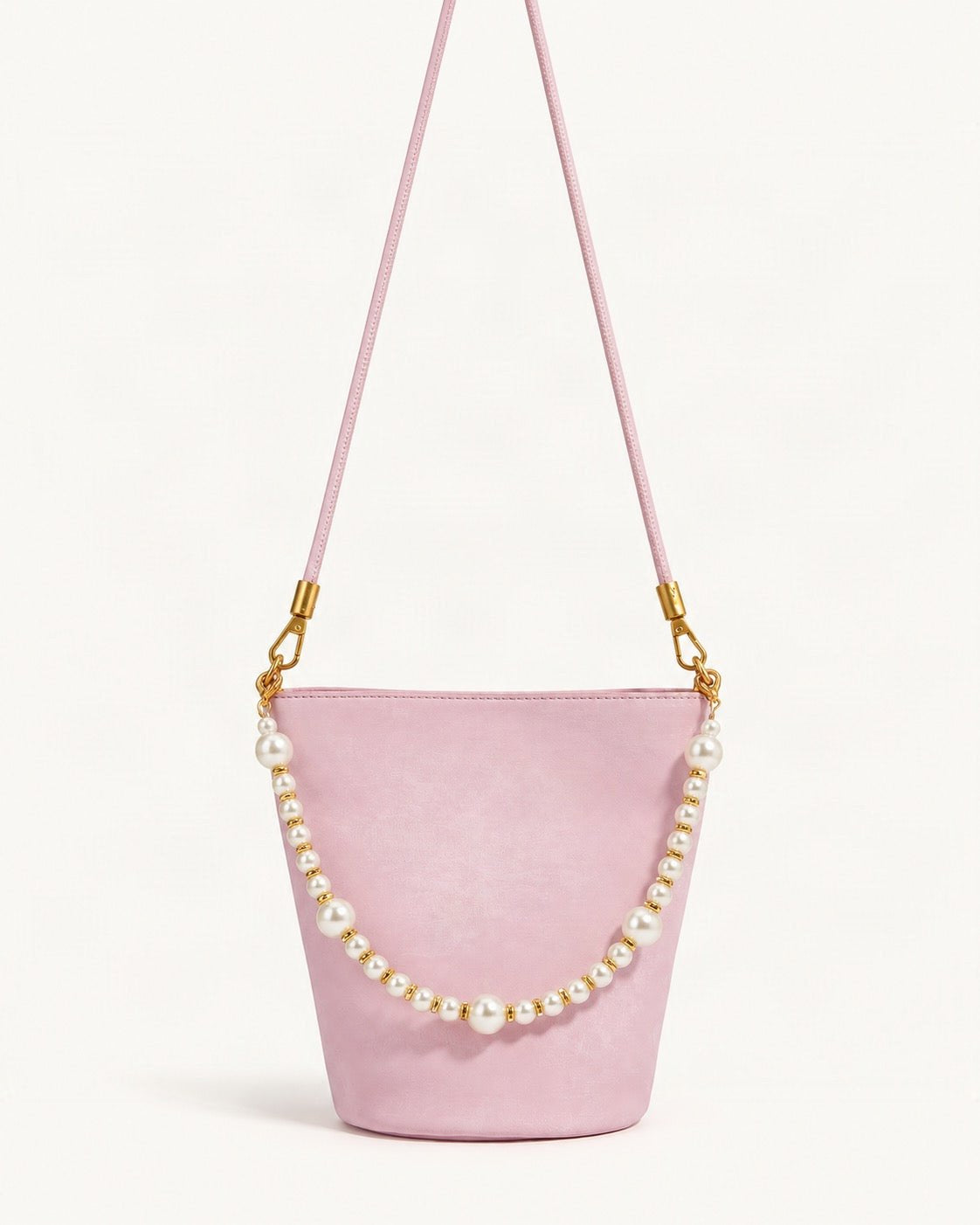 Split Leather Mini Bucket Bag with Pearl Chain — straight-on front view on a warm white background