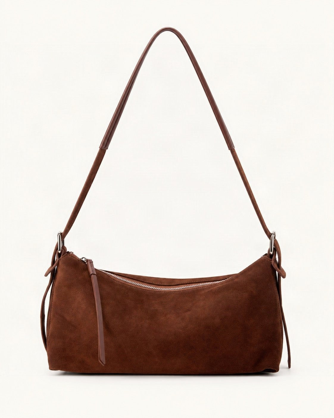 Suede Cowhide Shoulder Bag — straight-on front view on a warm white background